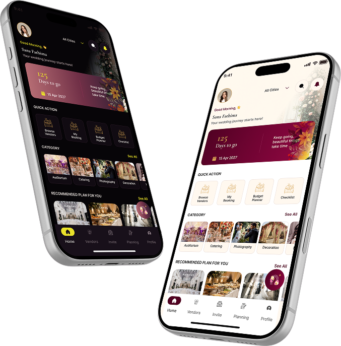 Mobile app mockup showing a wedding planning app